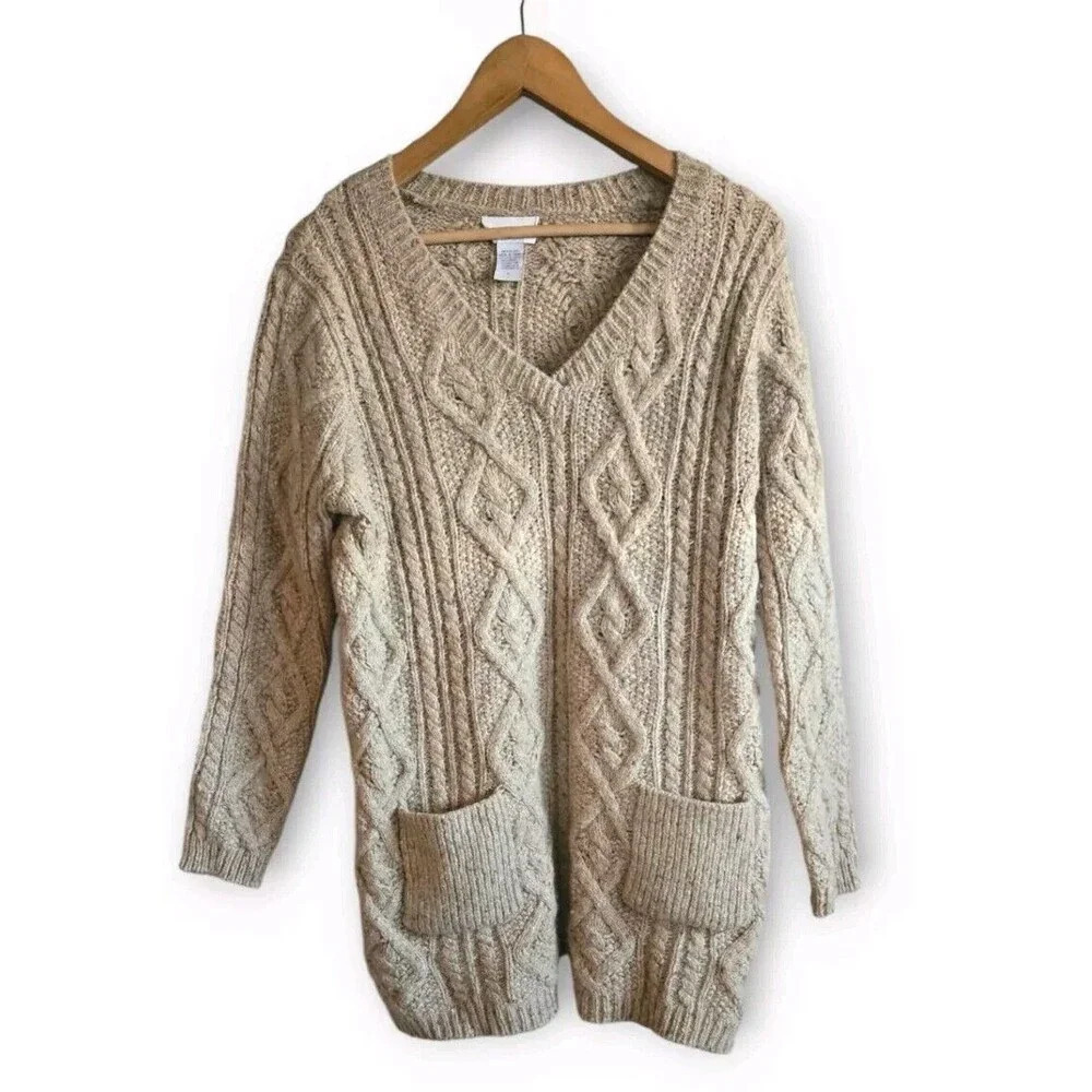 Soft Surroundings Boyfriend Sweater Women’s S Oatmeal Cashmere Wool Cable Knit